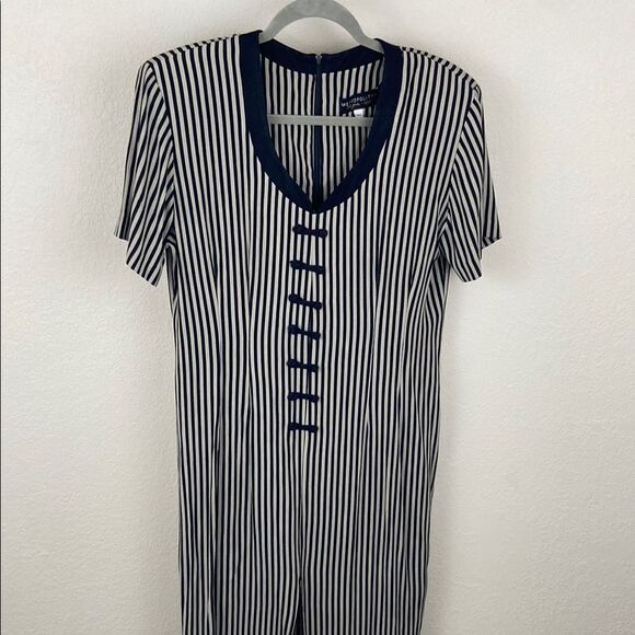 Vintage Metropolitan Black and Gray Striped Sheath Dress - Picture 1 of 7